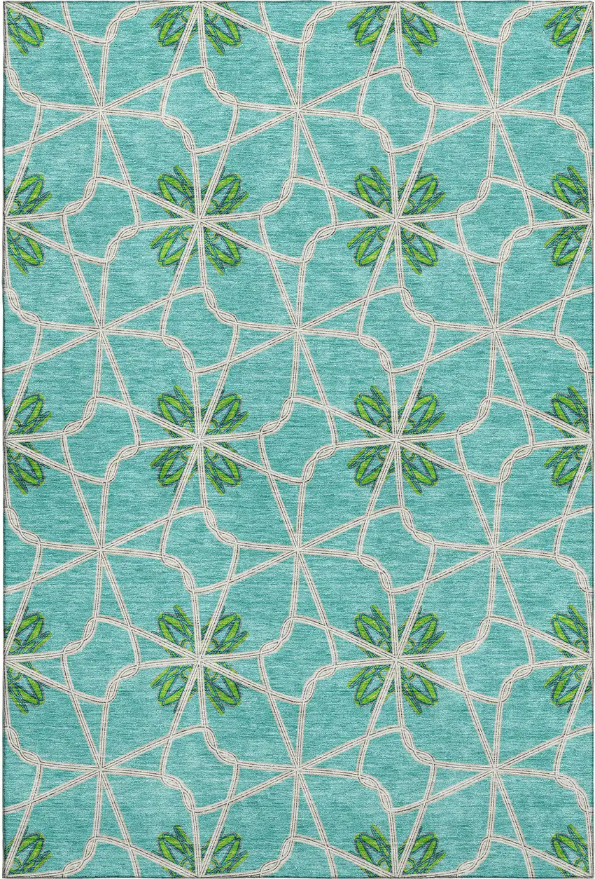 Aqua Green And Beige Geometric Washable Area Rug With UV Protection Photo 1