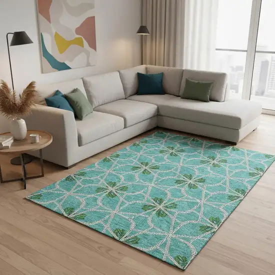 Aqua Green And Beige Geometric Washable Area Rug With UV Protection Photo 2