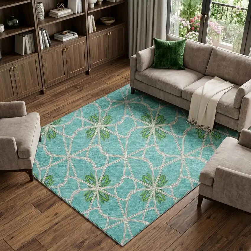 Aqua Green And Beige Geometric Washable Area Rug With UV Protection Photo 1