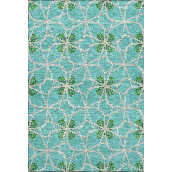 Aqua Green And Beige Geometric Washable Area Rug With UV Protection Photo 1
