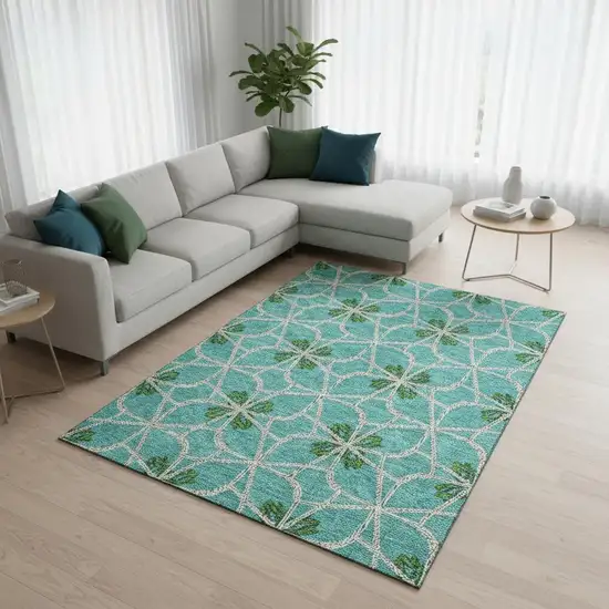 Aqua Green And Beige Geometric Washable Area Rug With UV Protection Photo 2
