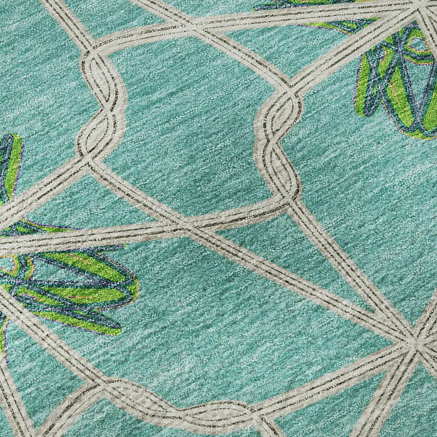 Aqua Green And Beige Geometric Washable Area Rug With UV Protection Photo 9