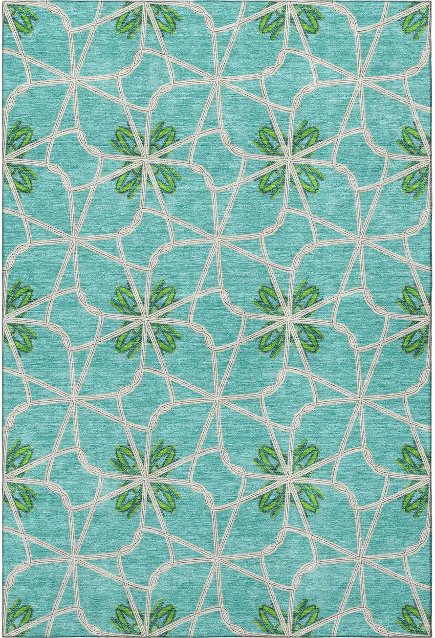 Aqua Green And Beige Geometric Washable Area Rug With UV Protection Photo 3