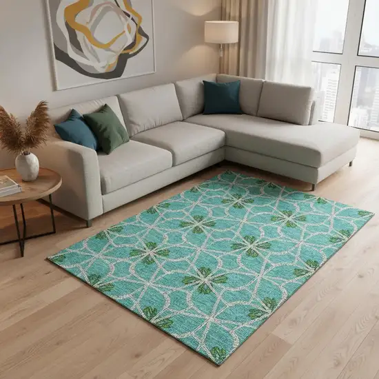 Aqua Green And Beige Geometric Washable Area Rug With UV Protection Photo 2