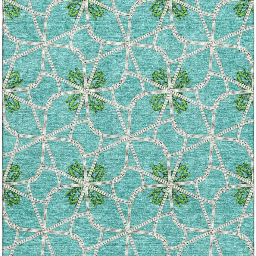 Aqua Green And Beige Geometric Washable Area Rug With UV Protection Photo 3