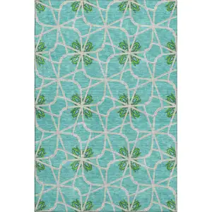 Photo of Aqua Green And Beige Geometric Washable Area Rug With UV Protection