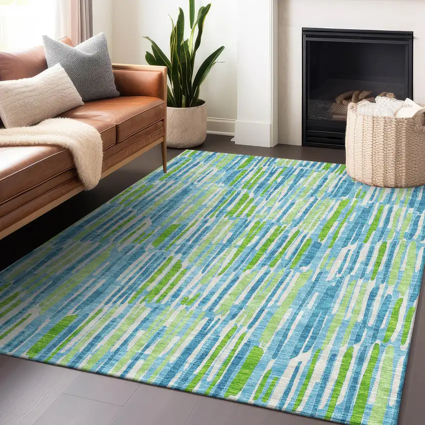 Aqua Green And Ivory Abstract Washable Area Rug With UV Protection Photo 6