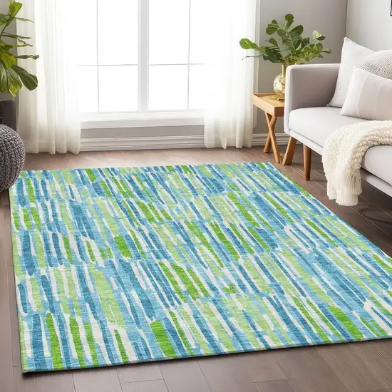 Aqua Green And Ivory Abstract Washable Area Rug With UV Protection Photo 5