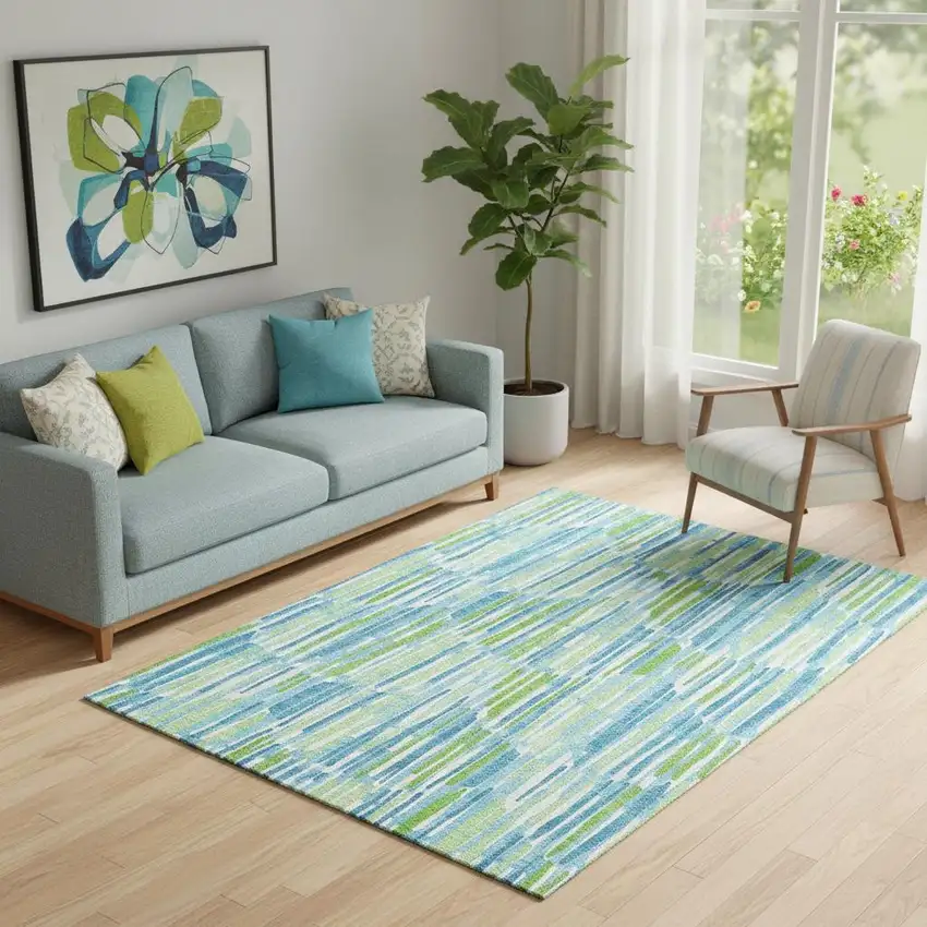 Aqua Green And Ivory Abstract Washable Area Rug With UV Protection Photo 1