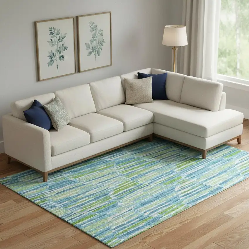 Aqua Green And Ivory Abstract Washable Area Rug With UV Protection Photo 1