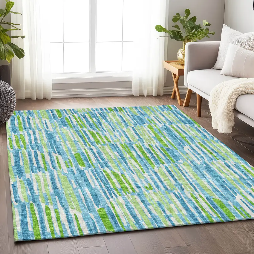 Aqua Green And Ivory Abstract Washable Area Rug With UV Protection Photo 5