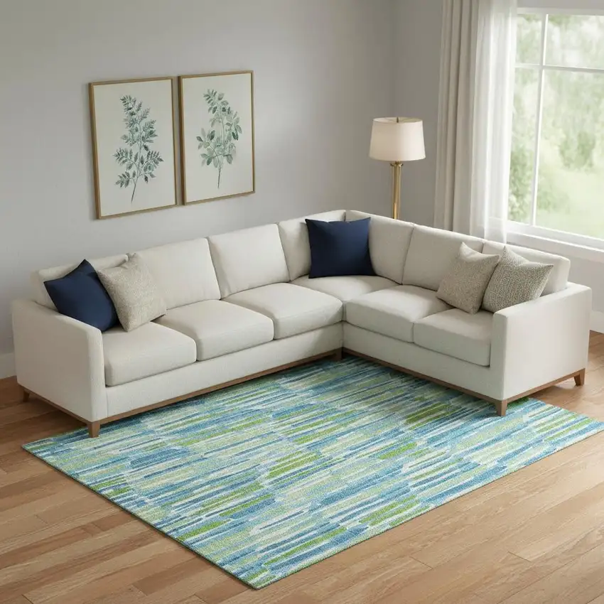 Aqua Green And Ivory Abstract Washable Area Rug With UV Protection Photo 1