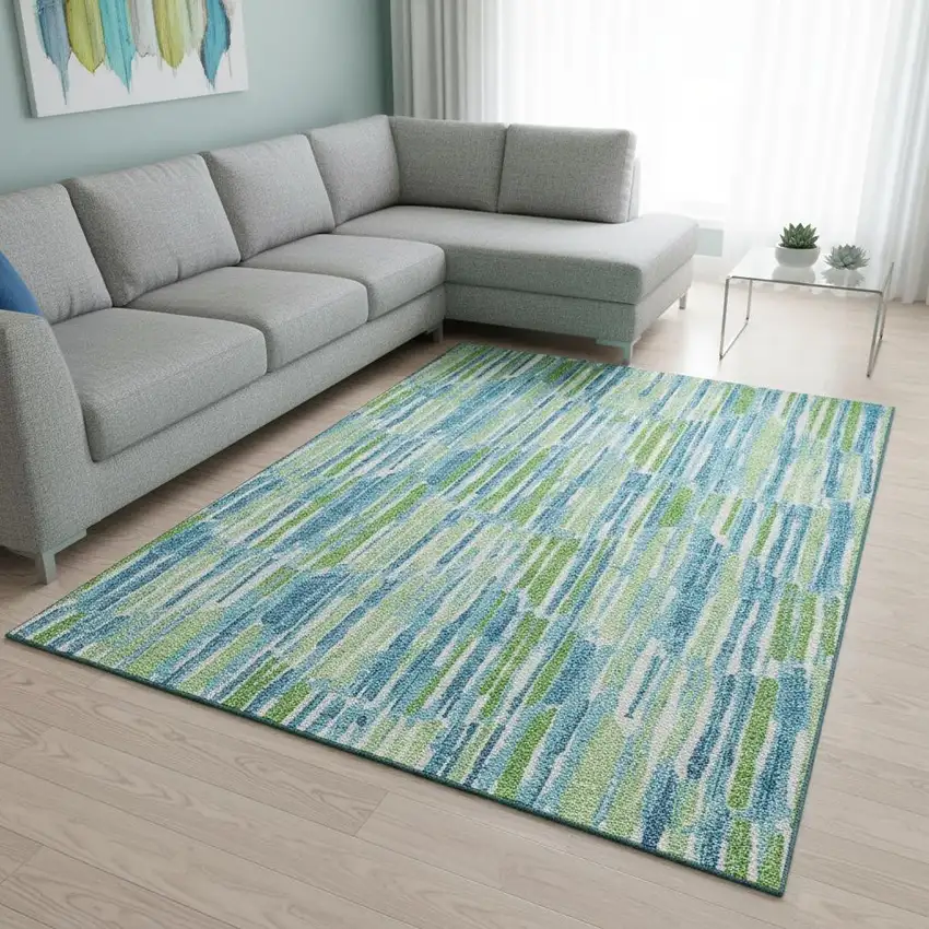 Aqua Green And Ivory Abstract Washable Area Rug With UV Protection Photo 2