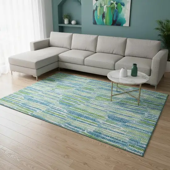 Aqua Green And Ivory Abstract Washable Area Rug With UV Protection Photo 2