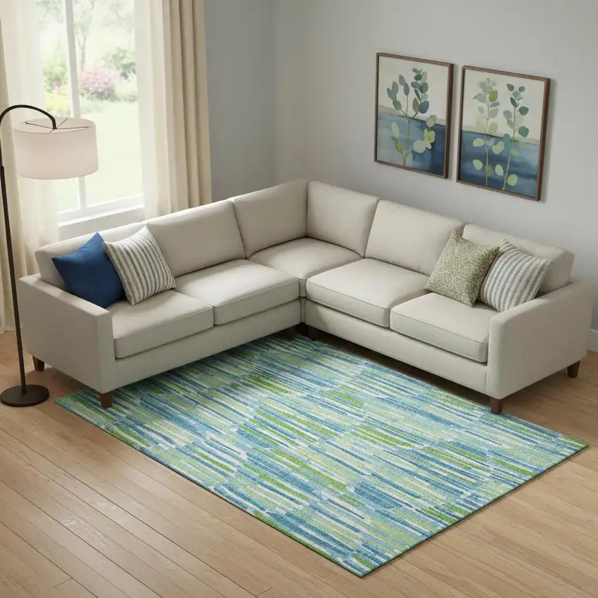 Aqua Green And Ivory Abstract Washable Area Rug With UV Protection Photo 1