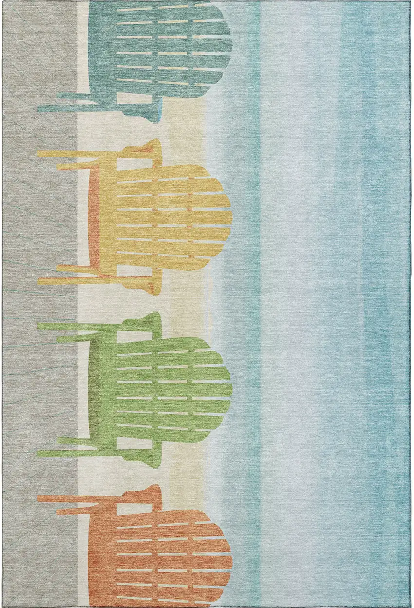 Aqua Green And Orange Nautical Washable Area Rug With UV Protection Photo 4
