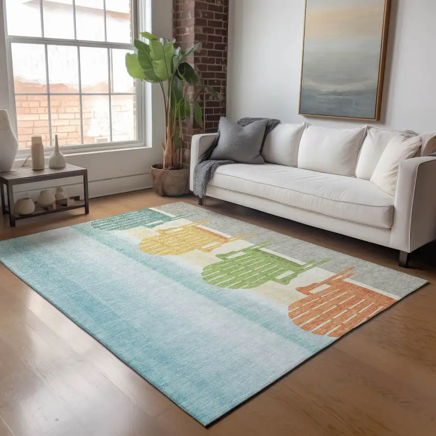 Aqua Green And Orange Nautical Washable Area Rug With UV Protection Photo 5