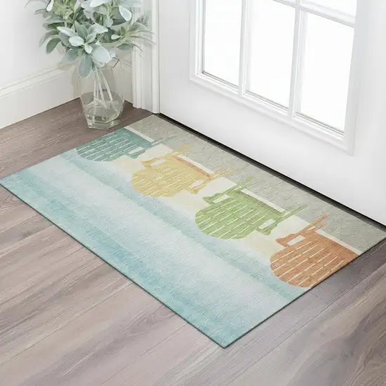 Aqua Green And Orange Nautical Washable Area Rug With UV Protection Photo 1
