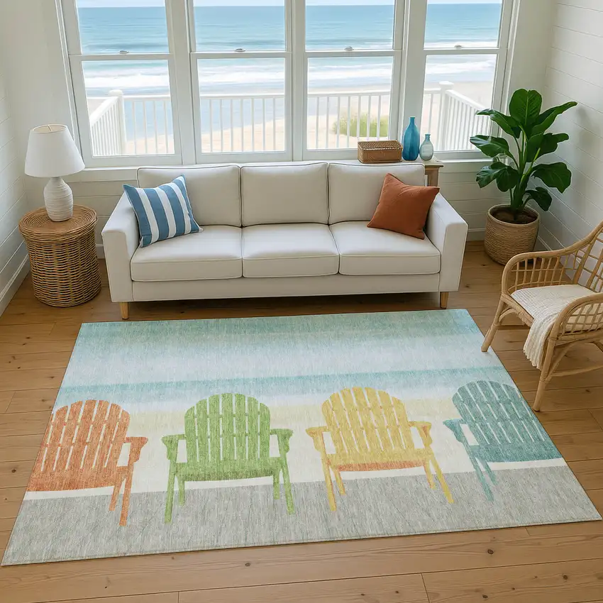 Aqua Green And Orange Nautical Washable Area Rug With UV Protection Photo 5