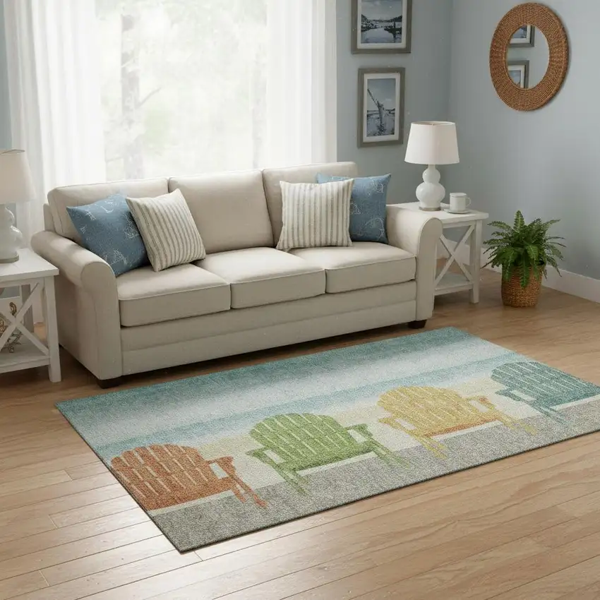 Aqua Green And Orange Nautical Washable Area Rug With UV Protection Photo 1