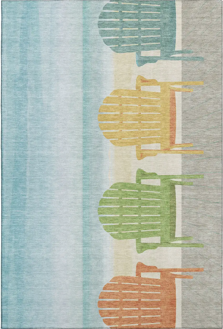 Aqua Green And Orange Nautical Washable Area Rug With UV Protection Photo 2