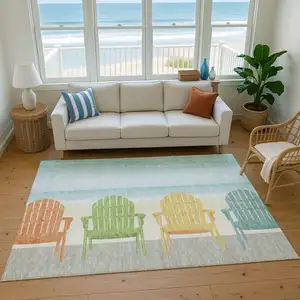 Photo of Aqua Green And Orange Nautical Washable Area Rug With UV Protection