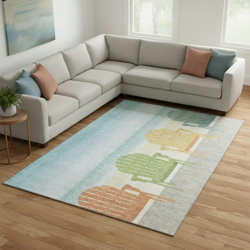 Aqua Green And Orange Nautical Washable Area Rug With UV Protection Photo 1