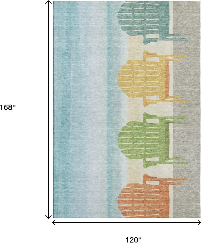 Aqua Green And Orange Nautical Washable Area Rug With UV Protection Photo 3