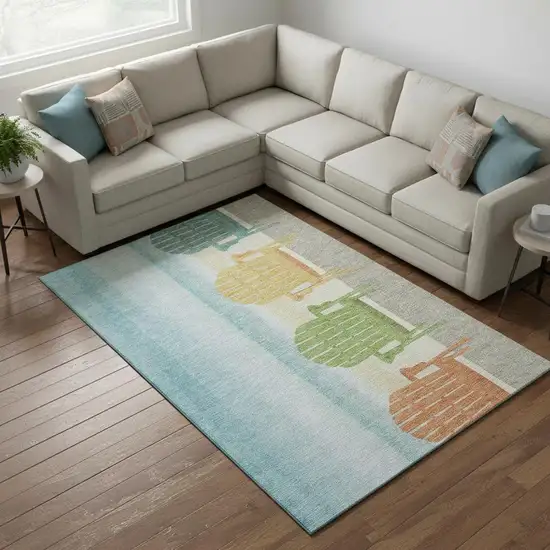 Aqua Green And Orange Nautical Washable Area Rug With UV Protection Photo 1