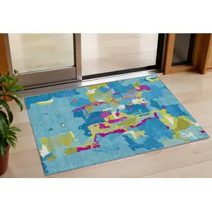 Photo of Aqua Green And Pink Abstract Washable Indoor Outdoor Area Rug