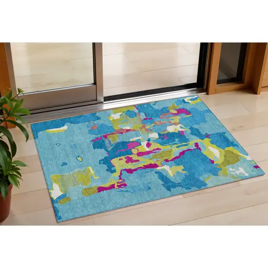 Aqua Green And Pink Abstract Washable Indoor Outdoor Area Rug Photo 1