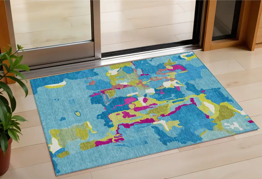 Aqua Green And Pink Abstract Washable Indoor Outdoor Area Rug Photo 1
