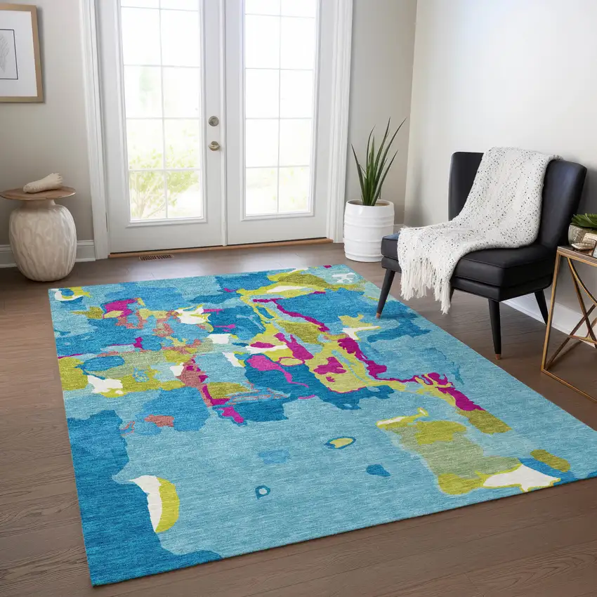 Aqua Green And Pink Abstract Washable Indoor Outdoor Area Rug Photo 8