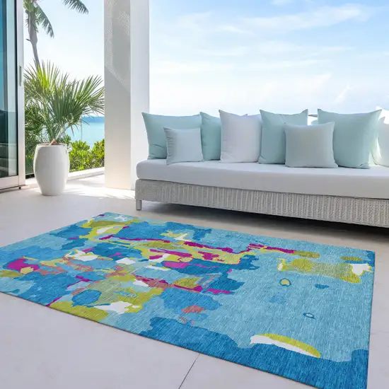 Aqua Green And Pink Abstract Washable Indoor Outdoor Area Rug Photo 9