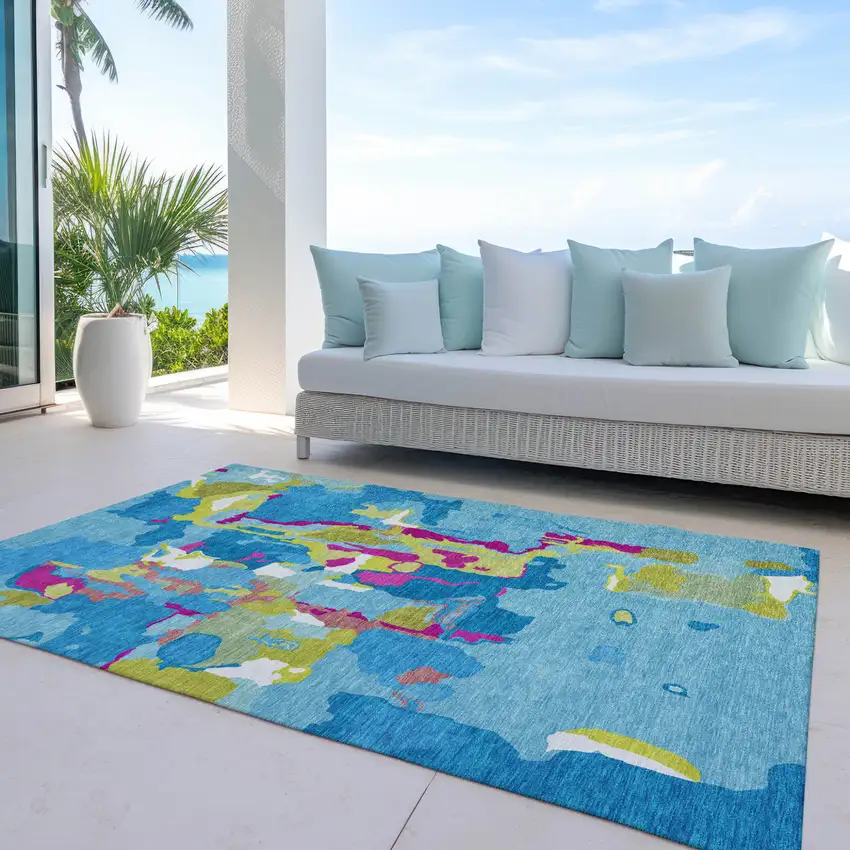 Aqua Green And Pink Abstract Washable Indoor Outdoor Area Rug Photo 9