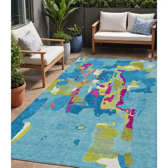 Aqua Green And Pink Abstract Washable Indoor Outdoor Area Rug Photo 1