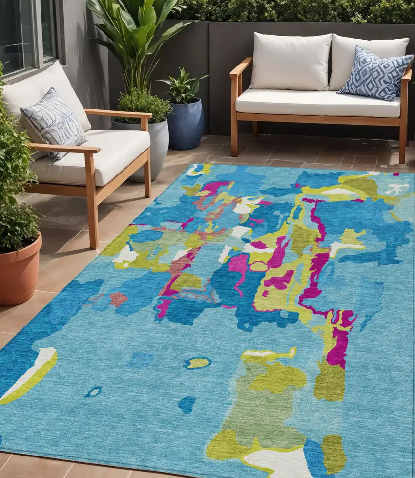 Aqua Green And Pink Abstract Washable Indoor Outdoor Area Rug Photo 1