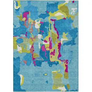 Photo of Aqua Green And Pink Abstract Washable Indoor Outdoor Area Rug