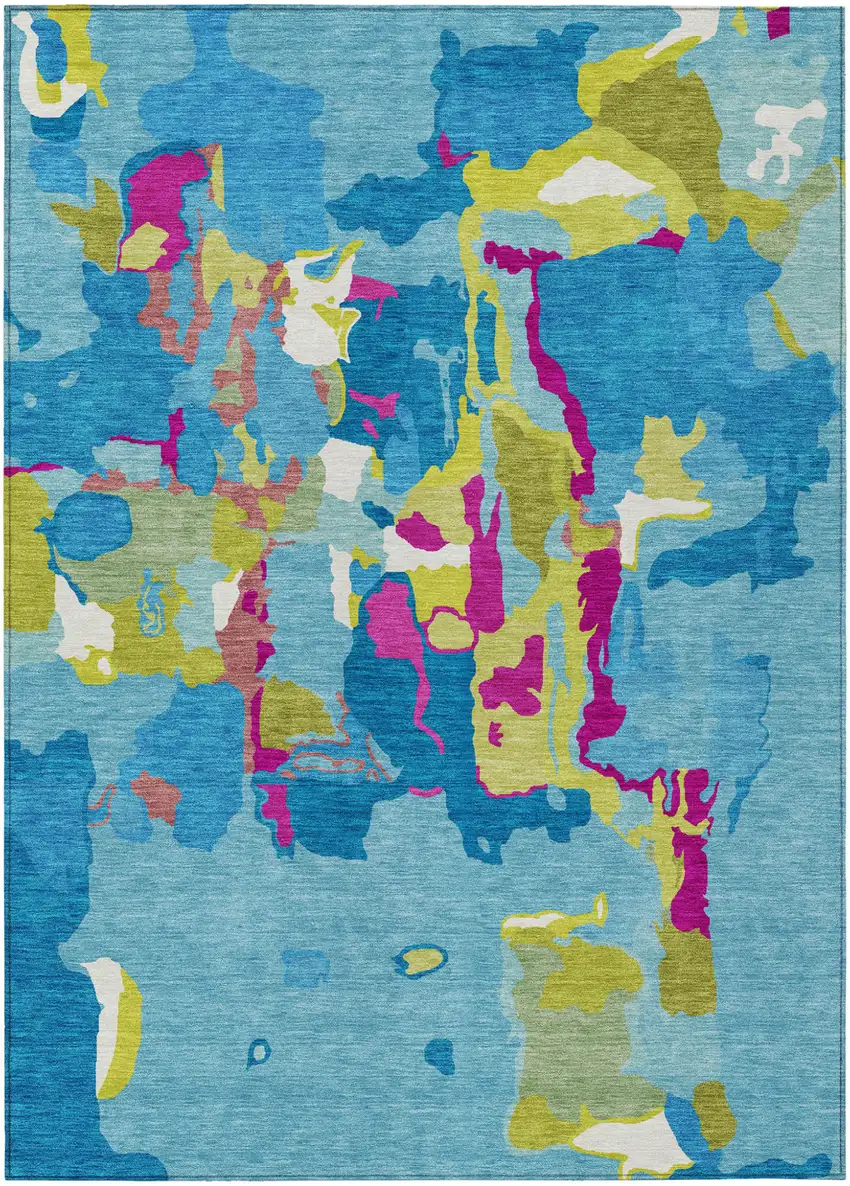 Aqua Green And Pink Abstract Washable Indoor Outdoor Area Rug Photo 2