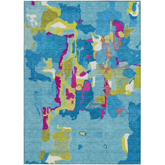 Aqua Green And Pink Abstract Washable Indoor Outdoor Area Rug Photo 7