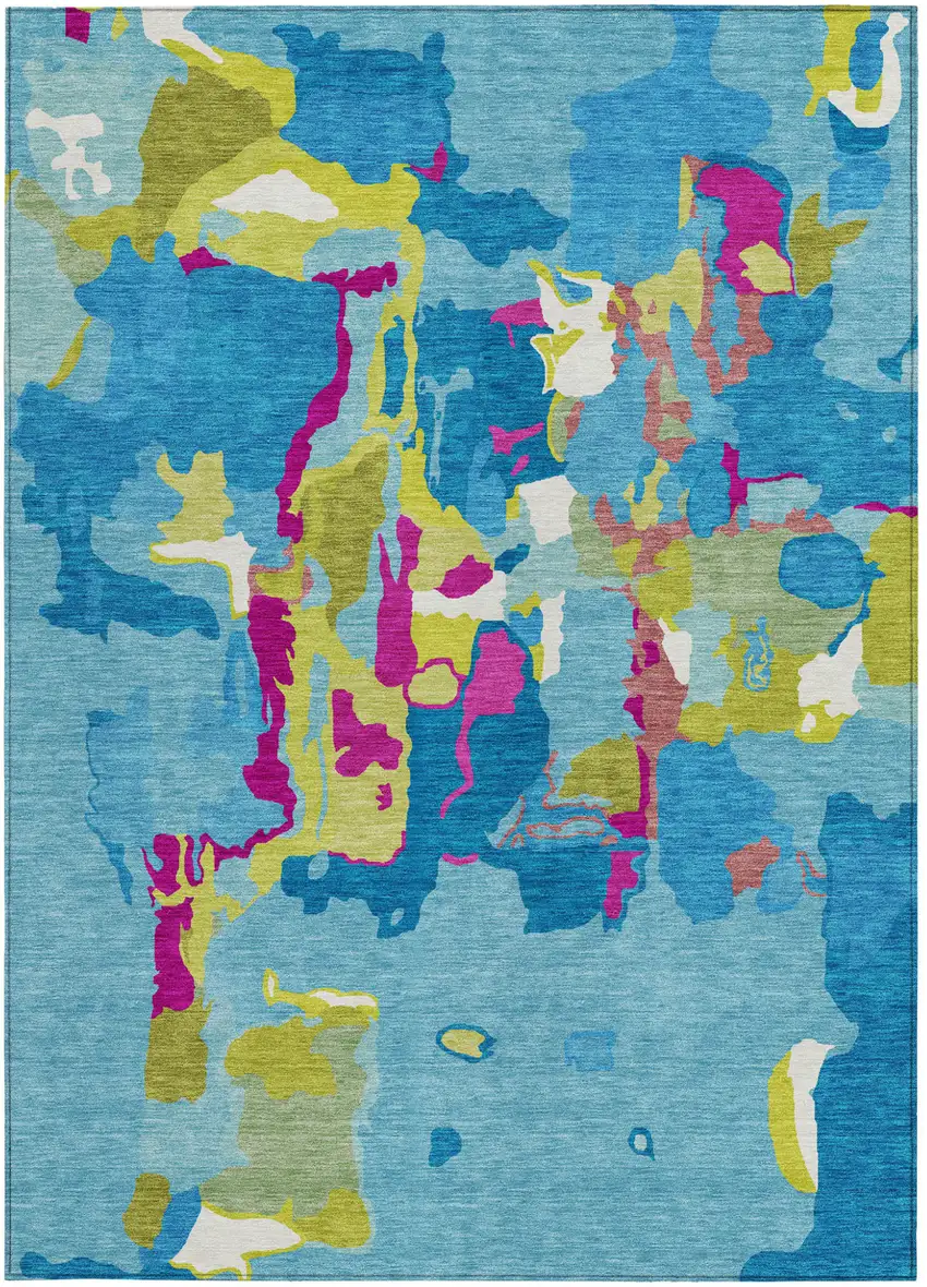 Aqua Green And Pink Abstract Washable Indoor Outdoor Area Rug Photo 7
