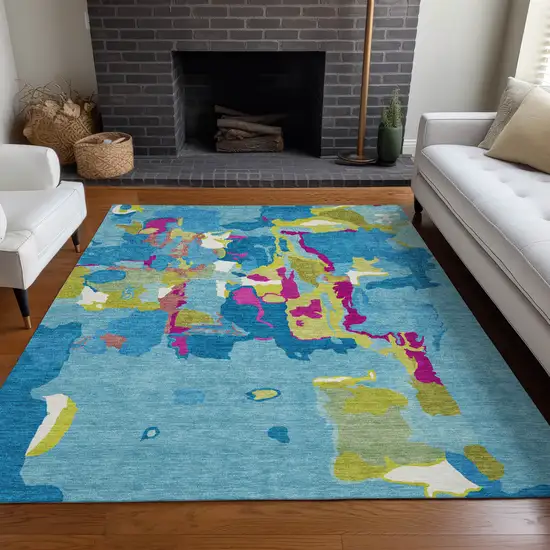 Aqua Green And Pink Abstract Washable Indoor Outdoor Area Rug Photo 9