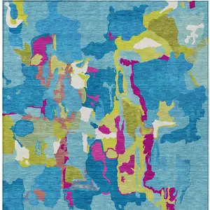 Photo of Aqua Green And Pink Abstract Washable Indoor Outdoor Area Rug