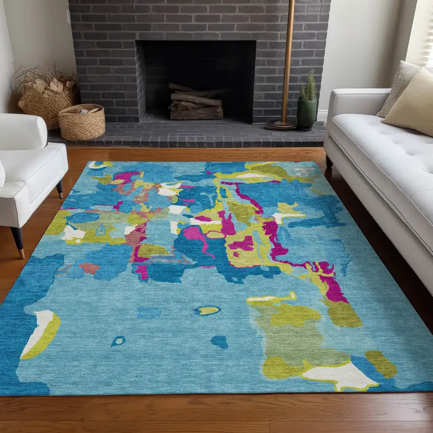 Aqua Green And Pink Abstract Washable Indoor Outdoor Area Rug Photo 9