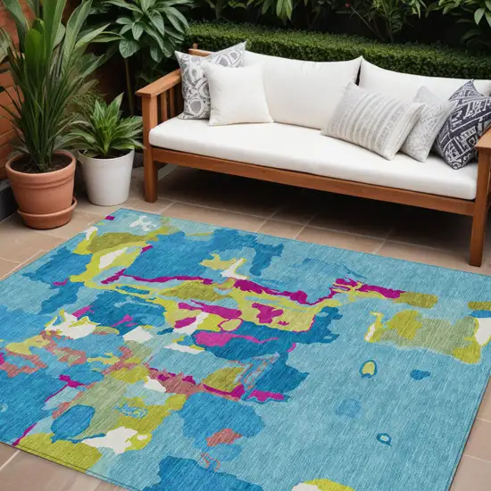 Aqua Green And Pink Abstract Washable Indoor Outdoor Area Rug Photo 1