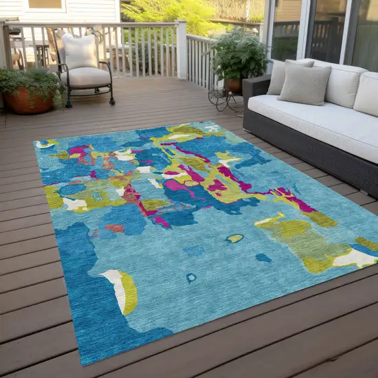 Aqua Green And Pink Abstract Washable Indoor Outdoor Area Rug Photo 8