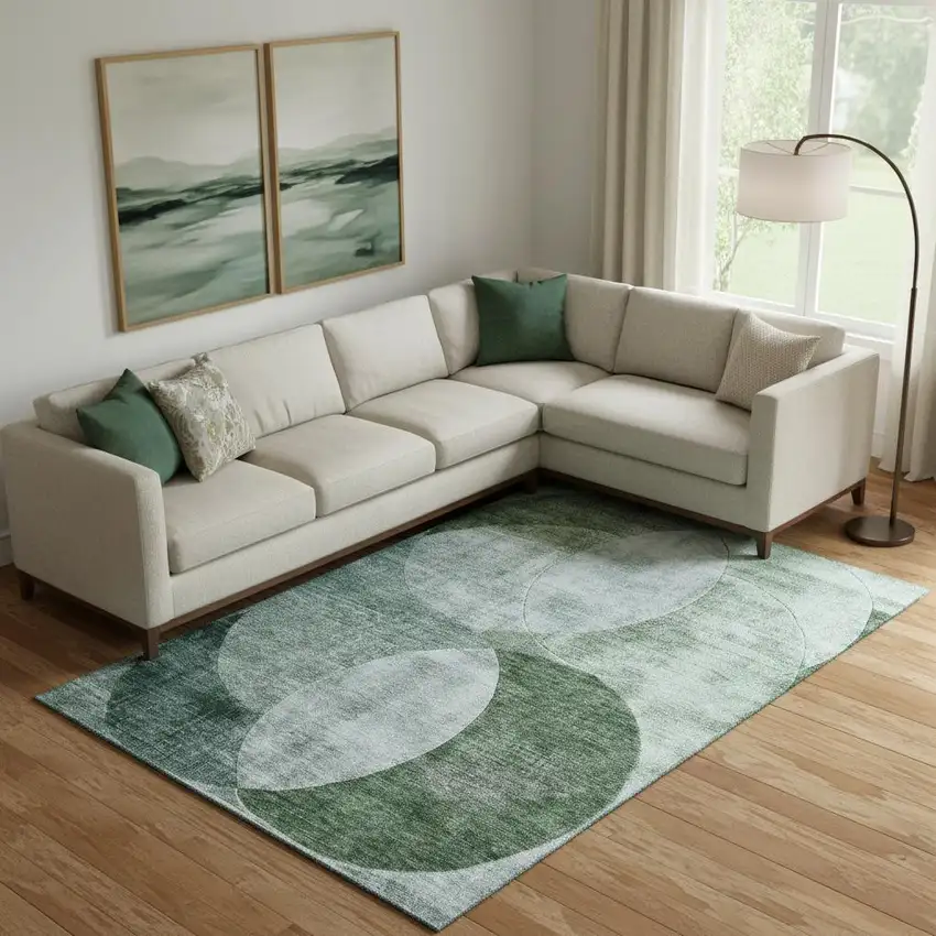 Aqua Green And Teal Geometric Washable Area Rug With UV Protection Photo 2