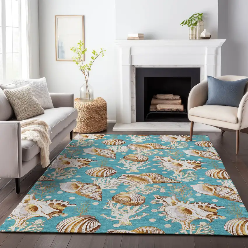 Aqua Ivory And Beige Geometric Washable Area Rug With UV Protection Photo 6