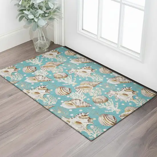 Aqua Ivory And Beige Geometric Washable Area Rug With UV Protection Photo 1