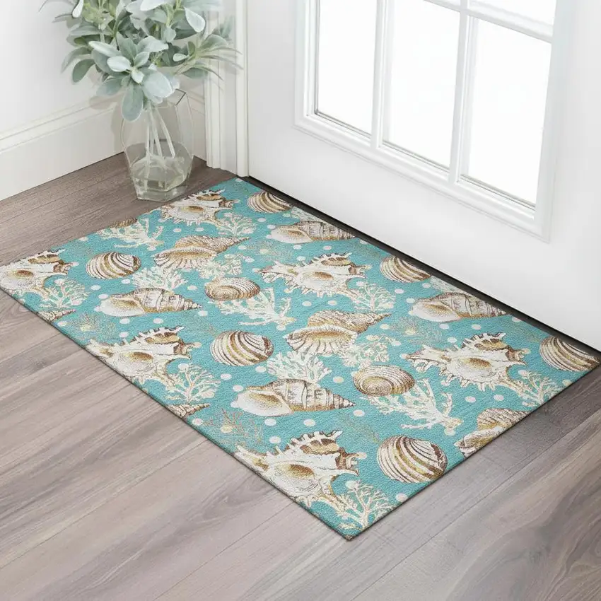 Aqua Ivory And Beige Geometric Washable Area Rug With UV Protection Photo 1